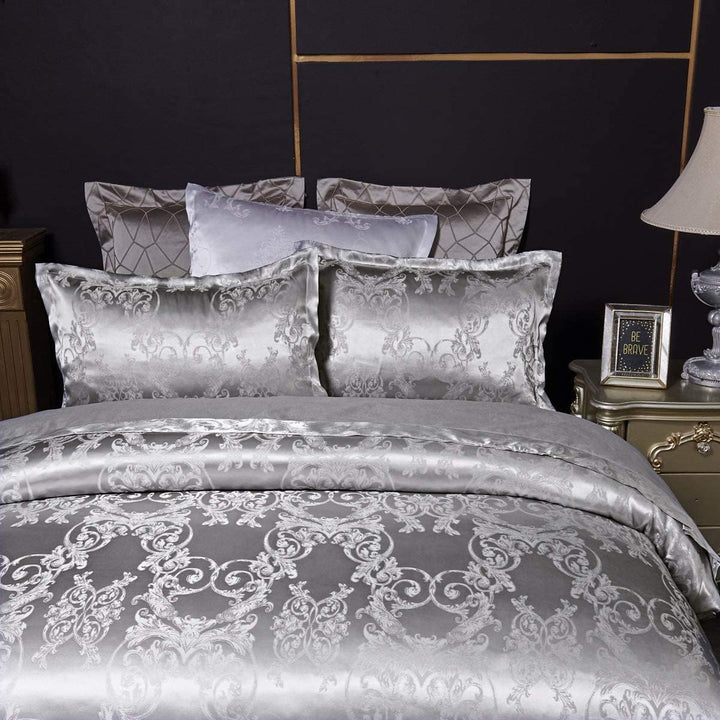 DXHOME Bettwäsche Satin 155x220 cm 3teilig Jacquard Silber Wendebettwäsche mit Dunkelgrün Blumen Rom