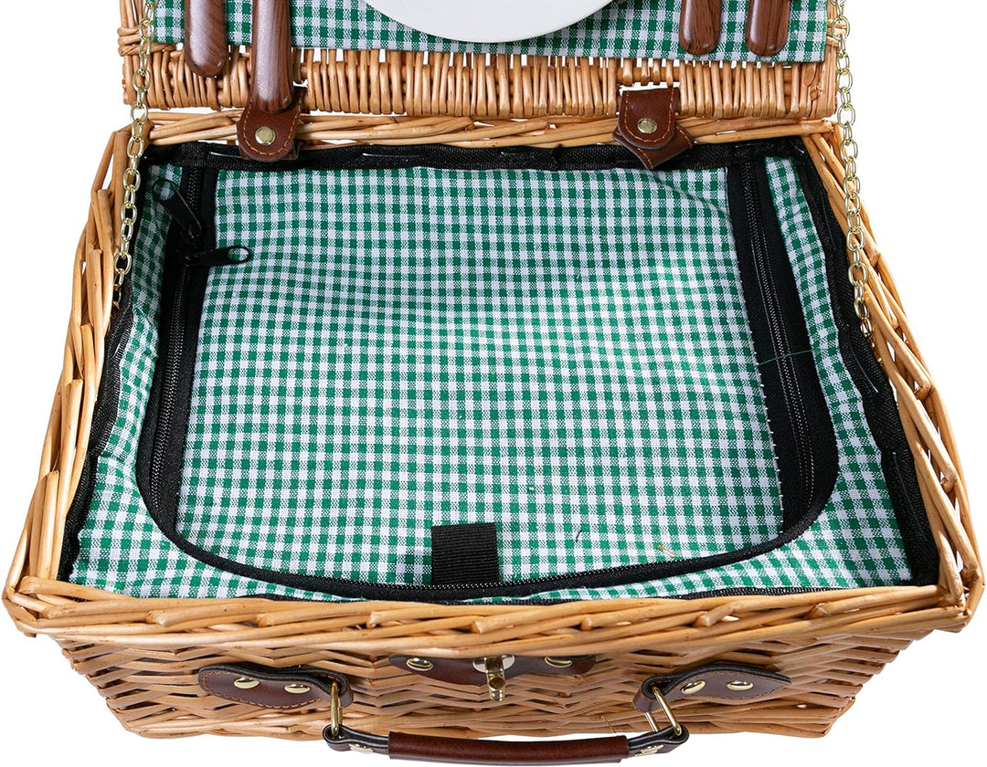 eGenuss Handgefertigtes Picknickkorb für 2 Personen mit Kühlfach, Multifunktionsmesser, Edelstahlbes