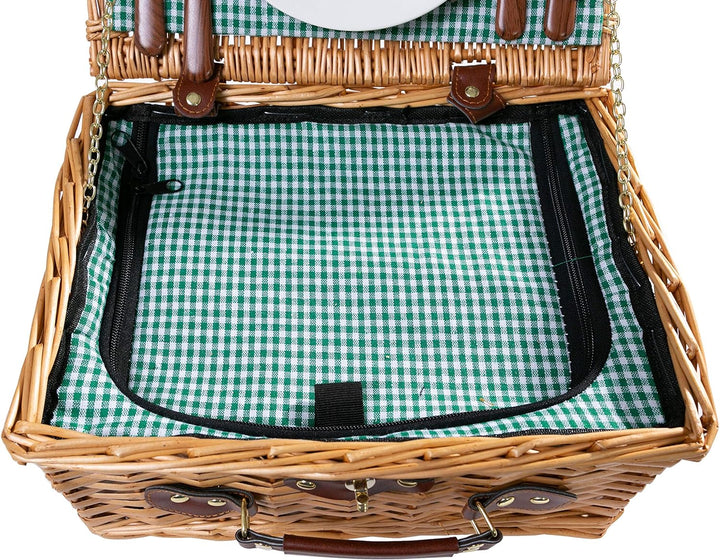 eGenuss Handgefertigtes Picknickkorb für 2 Personen mit Kühlfach, Multifunktionsmesser, Edelstahlbes