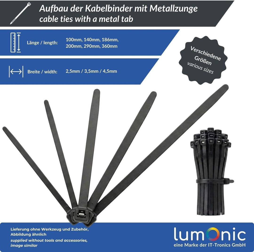 Lumonic 100 Stück Kabelbinder mit Metallzunge | 360 × 4,5mm | bis 40kg Zugfestigkeit | Nylon PA6.6,