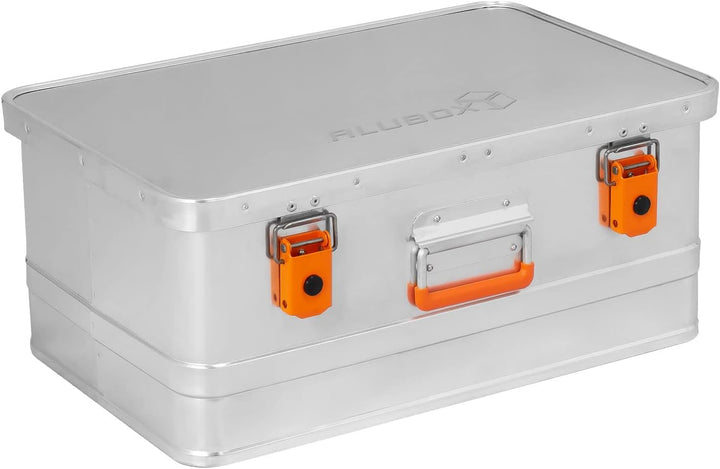 alubox Werkzeugtruhe Werkzeugkoffer 40 L silber Alu glänzend - orange Schnallen - Frontgriff - 040 L