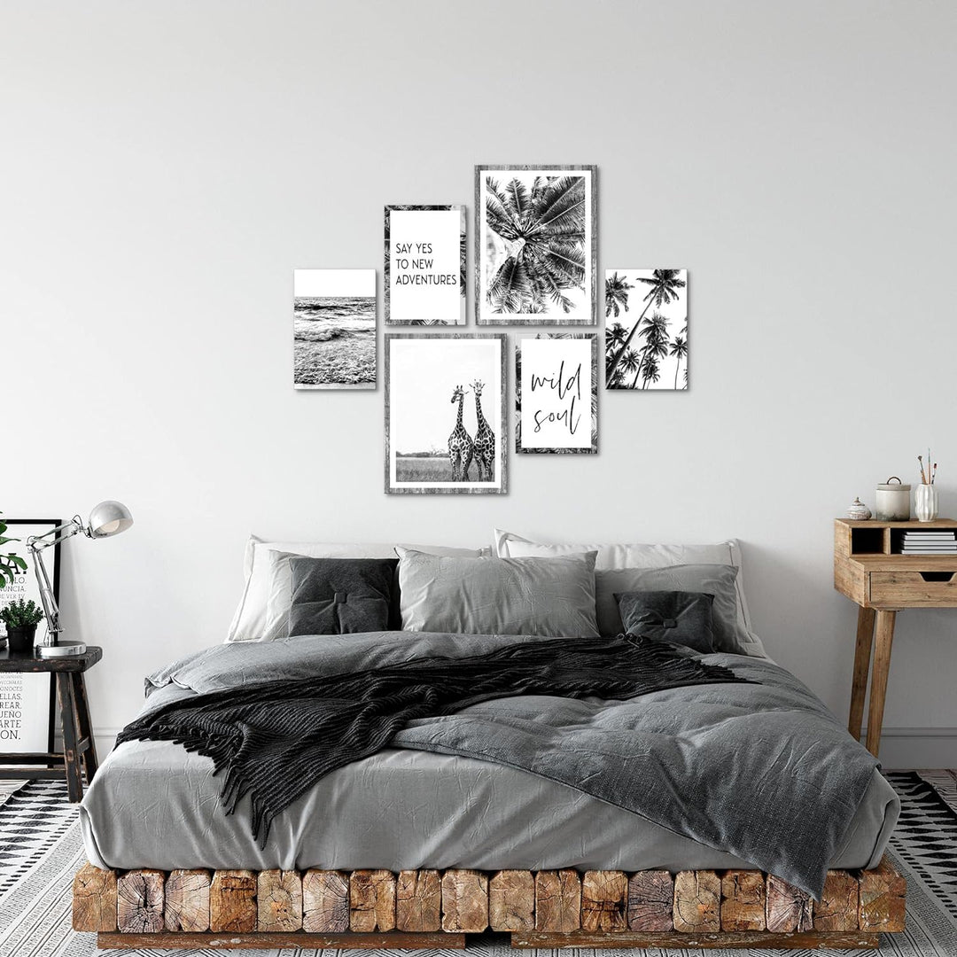 Novart Bilder Set - AUFHÄNGFERTIG - KEIN EXTRA RAHMEN BENÖTIGT - Giraffen Palmen Modern Schwarz Weis