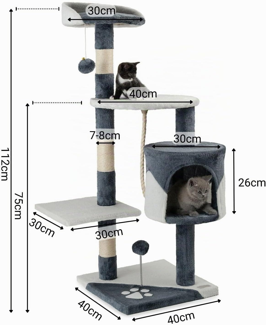 lionto Kratzbaum für Katzen mit 2 Plüschbällen &amp; Spielseil, Höhe 112 cm, Katzenbaum mit Sisalseil &amp;