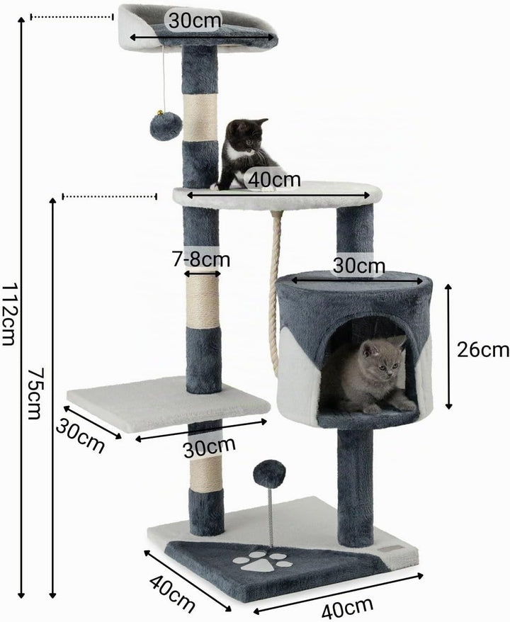 lionto Kratzbaum für Katzen mit 2 Plüschbällen &amp; Spielseil, Höhe 112 cm, Katzenbaum mit Sisalseil &amp;