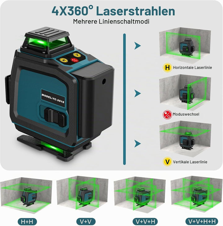 QUPERR 4D Kreuzlinienlaser Grün, 4x360° selbstnivellierende Laser Wasserwaage mit 16 Linien, Linienl