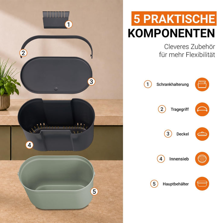 GARANTIA NOVA Biomülleimer Küche 8L Agave/Graphite Grey - Geruchsdichter Komposteimer für Küchenabfä