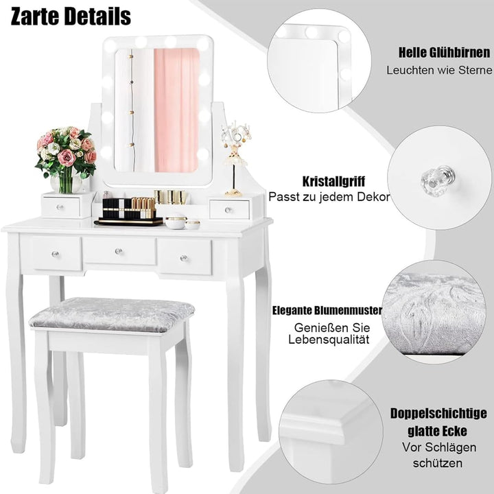 GOPLUS Schminktisch mit Spiegel und 10 LED-Birne, Kosmetiktisch mit 5 Schubladen und Organisator, Fr