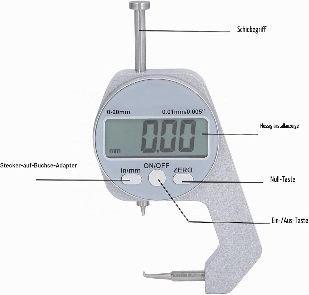 LiebeWH Dickenmesser 0-20 mm Bereich LCD-Digitalanzeige Kleine Mikrometerschraube mit Gebogener Spit
