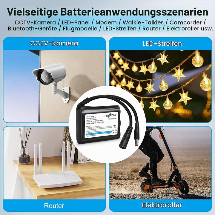 Rapthor Wiederaufladbarer 12V 2600mAh Lithium-Ionen-Akku mit Ladegerät, kompatibel mit 12V-Geräten,