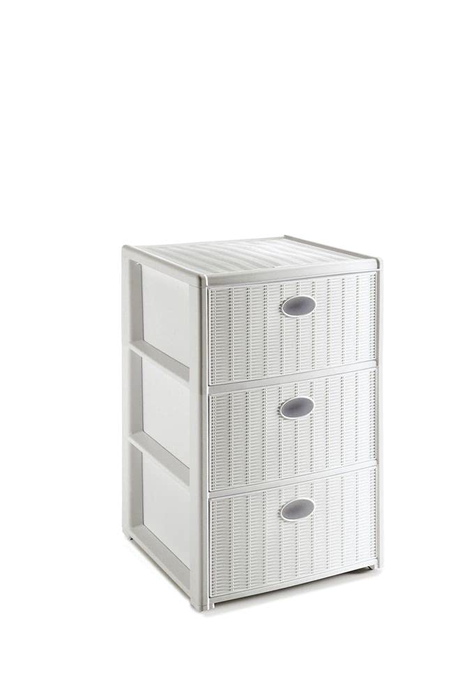 Rollbarer Schubladenschrank aus Kunststoff in Rattan-Optik mit 3 Schubladen. Masse: 40x40x61 cm. In