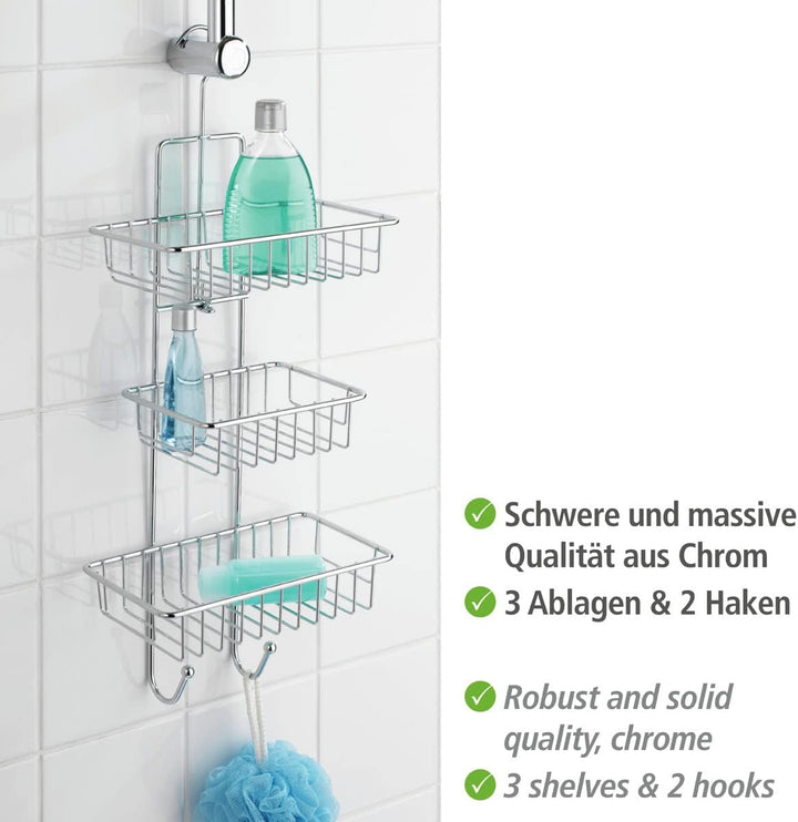 WENKO Duschcaddy Mod. Milano mit 3 Ablagekörben und 2 Haken verchromt ideal für Badezimmer ohne Abla