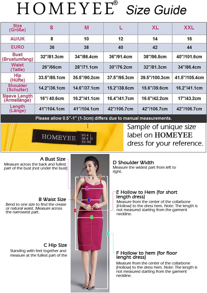 HOMEYEE Damen Rundhals 3/4 Ärmel Volantärmel Abendkleid Bleistiftkleid Retro Bodycon Midi Cocktail E