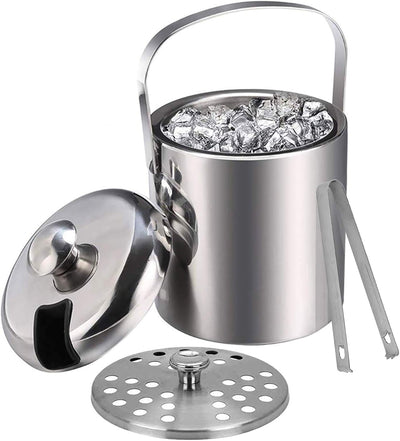 Emsmil Eiseimer mit Deckel Zange und Sieb 1.3L Eiskübel Edelstahl Doppelstöckiger Design Eisbehälter