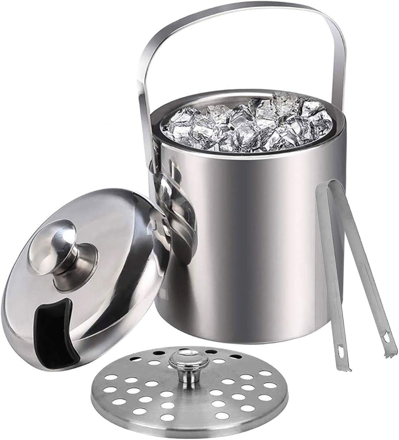 Emsmil Eiseimer mit Deckel Zange und Sieb 1.3L Eiskübel Edelstahl Doppelstöckiger Design Eisbehälter
