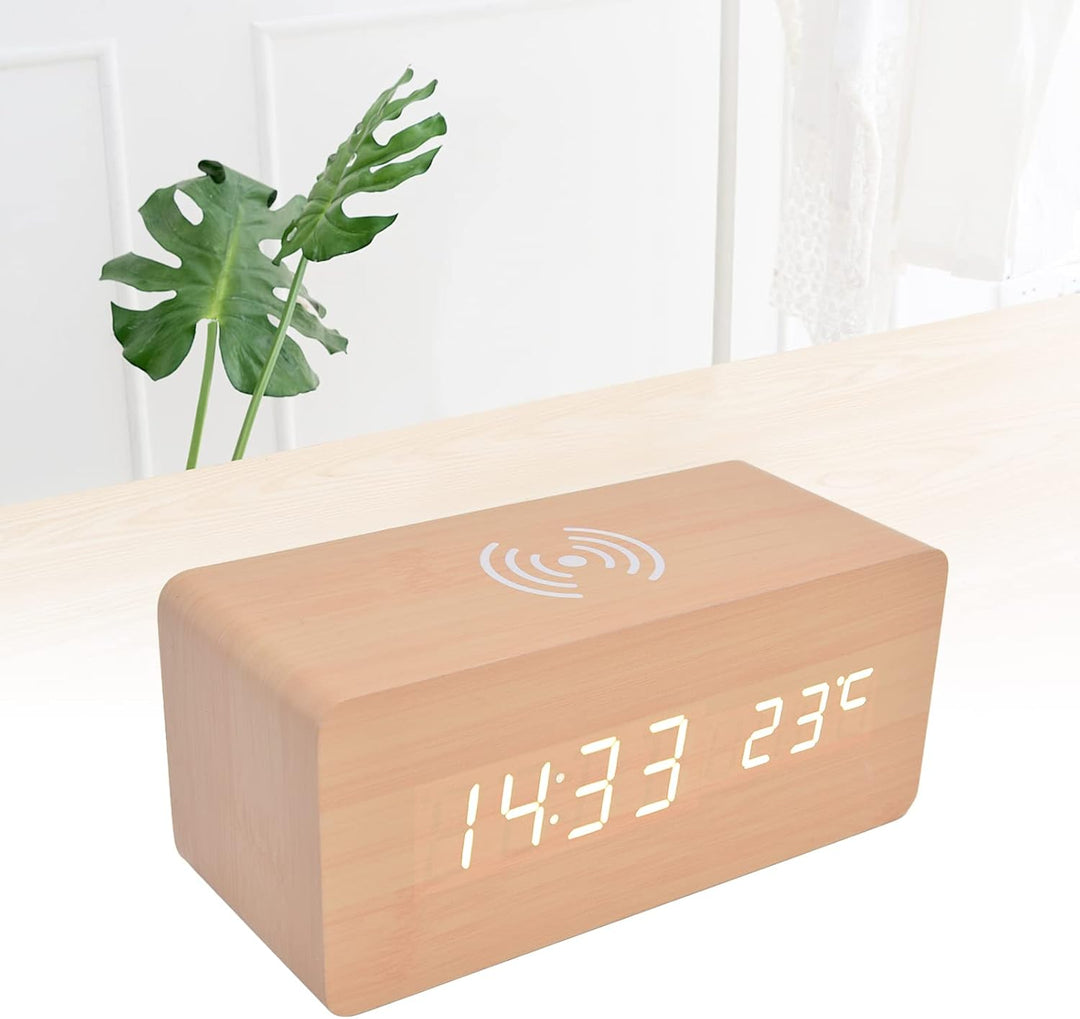 Digitaler Holzwecker, Radiowecker 12/24 Stunden LED-Elektronische Uhr mit Schneller Drahtloser Lades