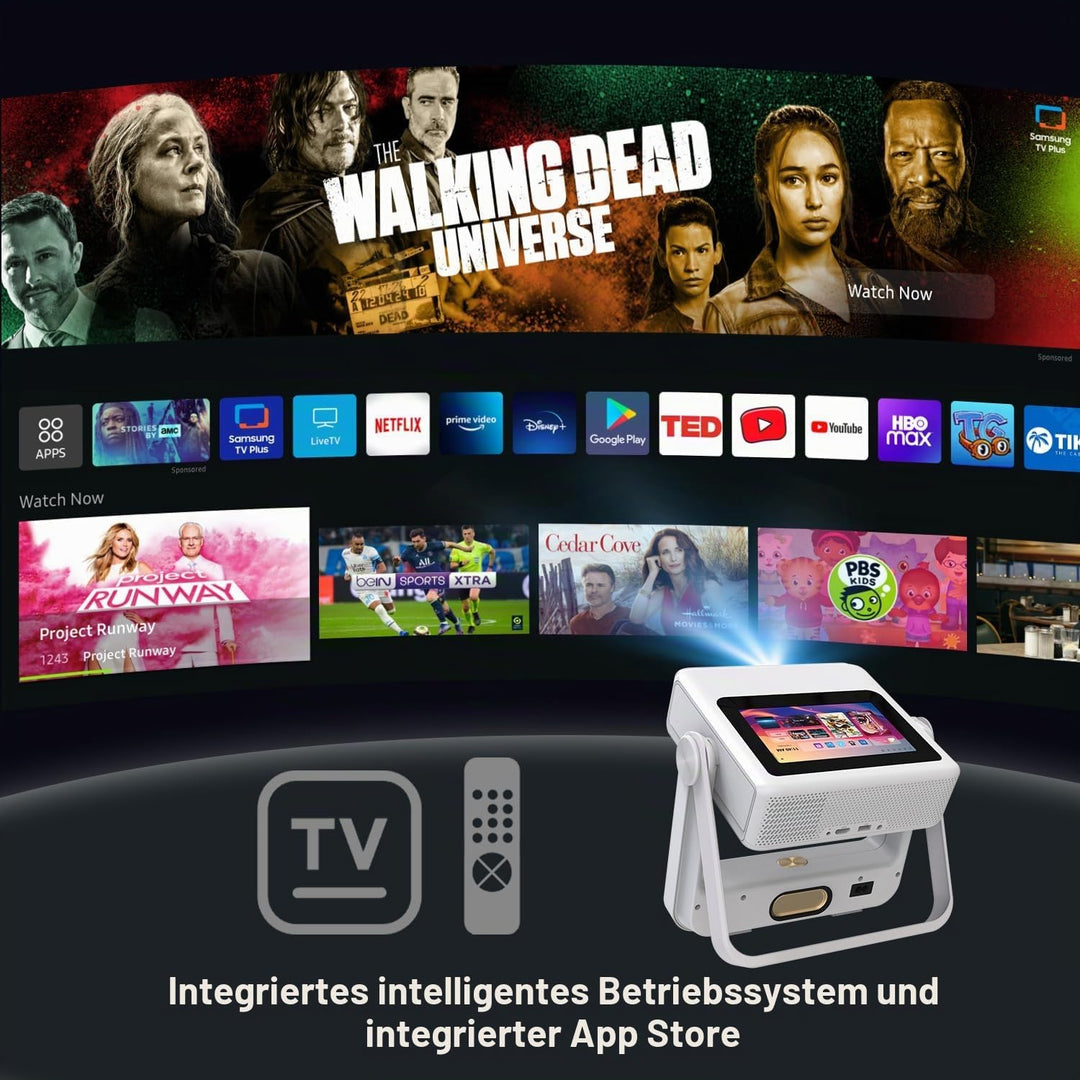 Smart Mini Beamer 4K-Unterstützung mit Touchscreen, 1100ANSI Outdoor Projektor, Autofokus &amp; Trapezko