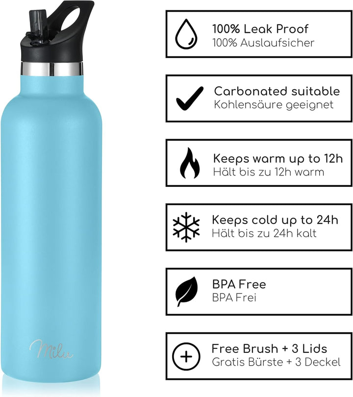 Milu Edelstahl Trinkflasche 350ml 500ml 750ml 1000ml (+3 Deckel) - Thermosflasche mit Strohhalm, Iso
