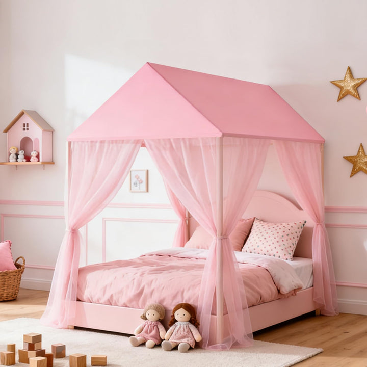 GFCC Prinzessinnen Bettvorhang für Hausbett mit rechteckigem Dach, Rosa Himmelbett Moskitonetz Balda