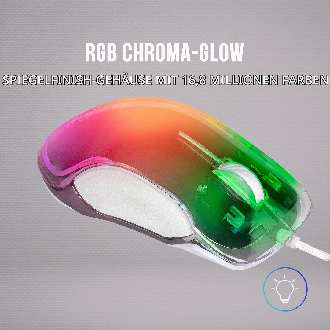 Mars Gaming Gaming MMGLOW, Chroma-Glow RGB Gaming-Maus, Spiegelnde Oberfläche, Ultraleicht, 12800 DP