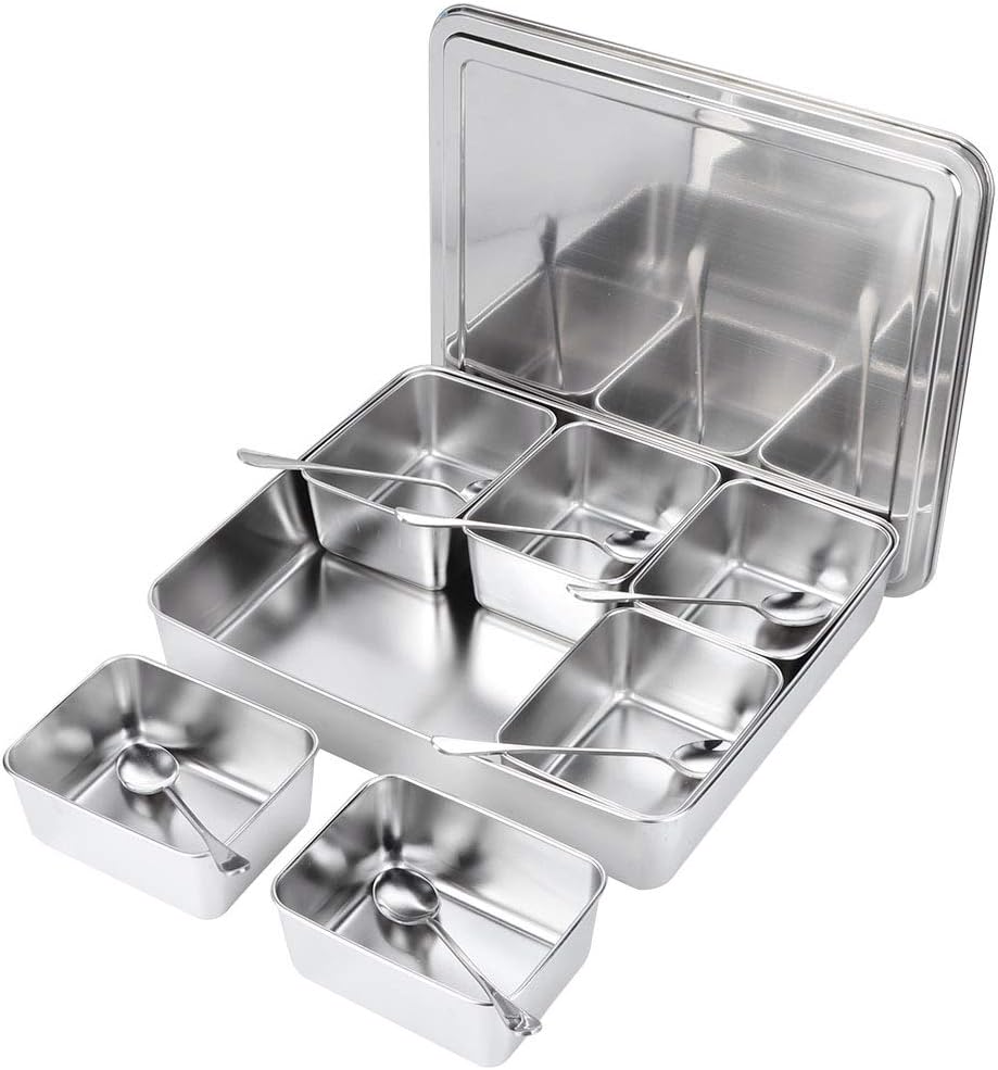 Haofy Edelstahl-Gewürzbox, Gewürzvorratsbehälter mit 6 Gittern, Gewürzglasbehälter-Set mit Löffeln K