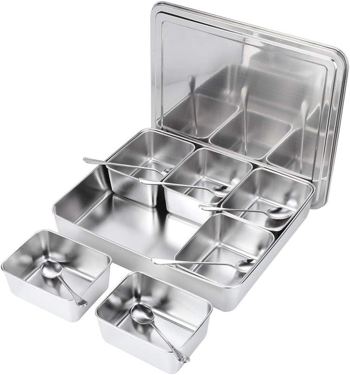 Haofy Edelstahl-Gewürzbox, Gewürzvorratsbehälter mit 6 Gittern, Gewürzglasbehälter-Set mit Löffeln K