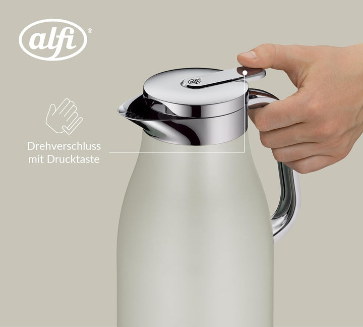 alfi SKYLINE 1,0l, silver lining, Edelstahl-Isolierkanne mit hygienischem Hartglaseinsatz, Drehversc