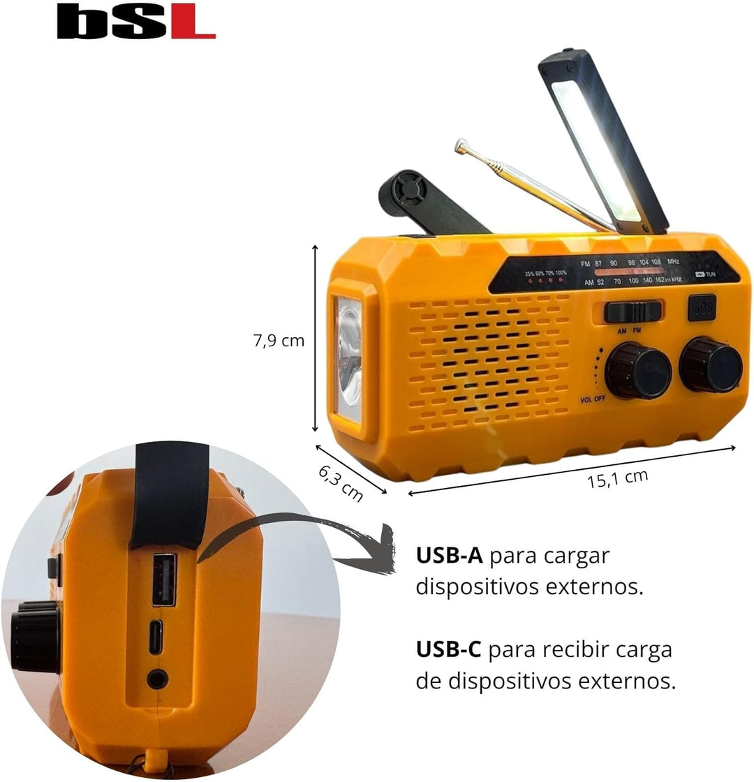 BSL Tragbares Radio AM/FM CT-6127 | Solarladung und Kurbel Dynamo | LED-Taschenlampe | 2000-mAh-Akku