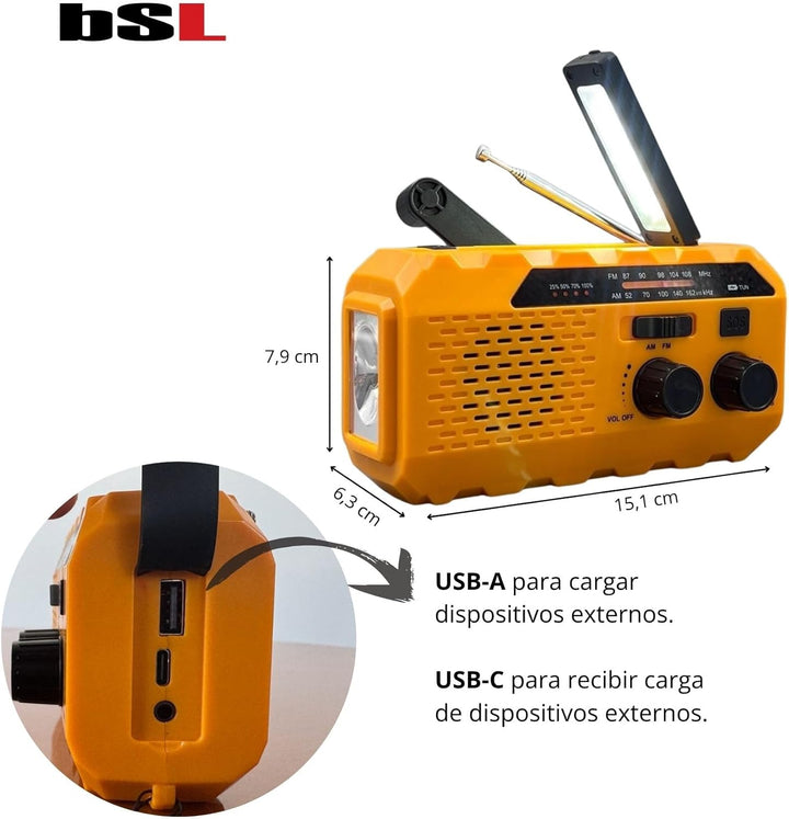 BSL Tragbares Radio AM/FM CT-6127 | Solarladung und Kurbel Dynamo | LED-Taschenlampe | 2000-mAh-Akku