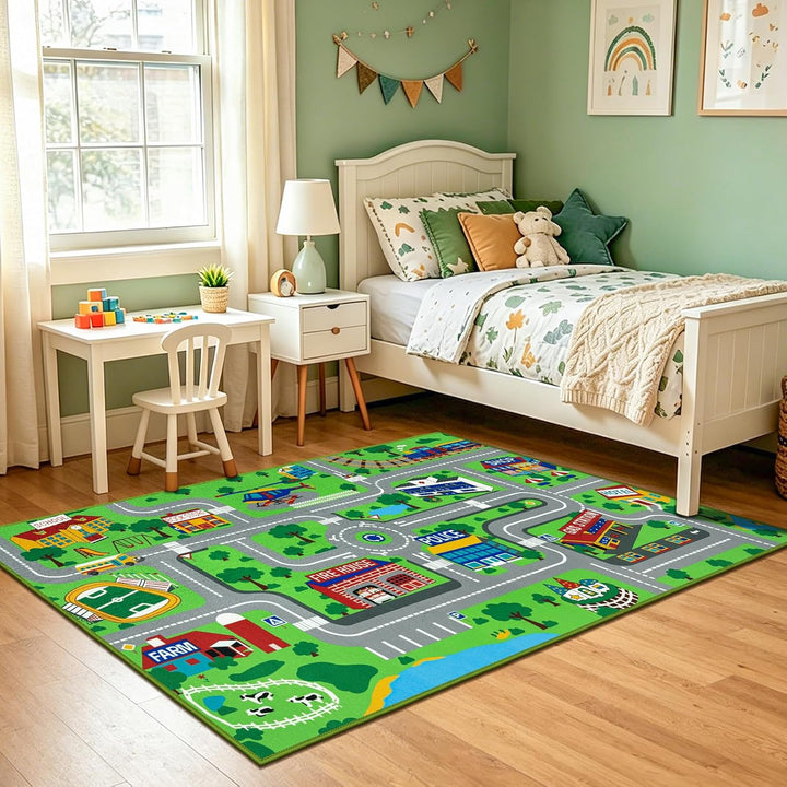 Capslpad Kinder Teppiche Spielteppich für Kinder Stadt 100x160 cm rutschfest Kinderteppich Spielmatt