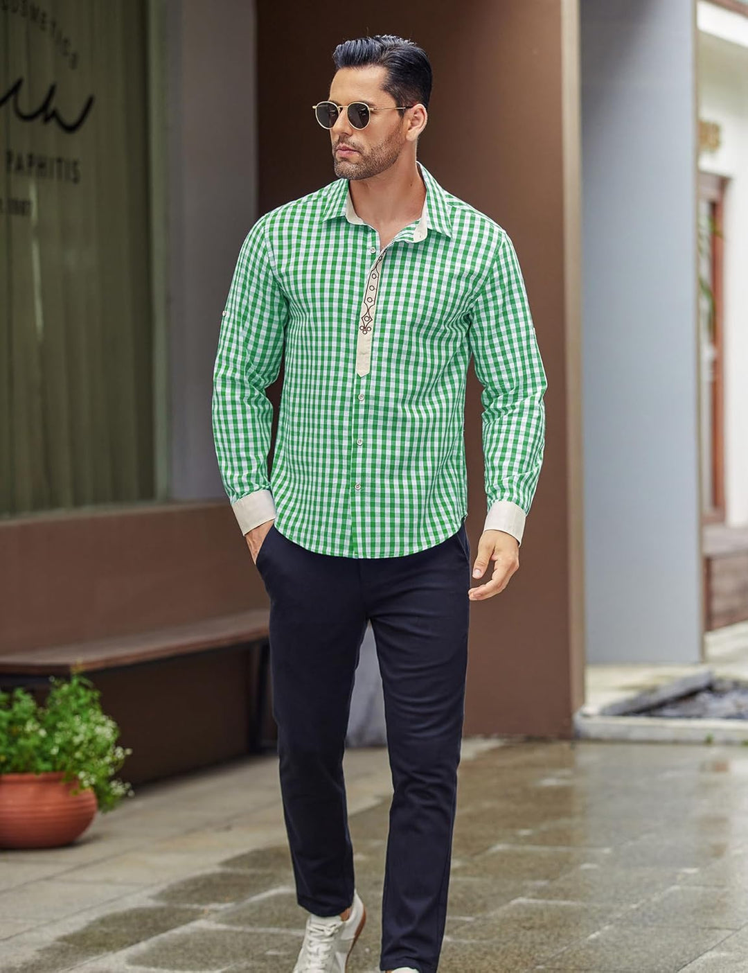 COOFANDY Herren Langarm Trachtenhemd Karriert Oktoberfest Hemd Regular Fit Karohemd Freizeithemd Pla