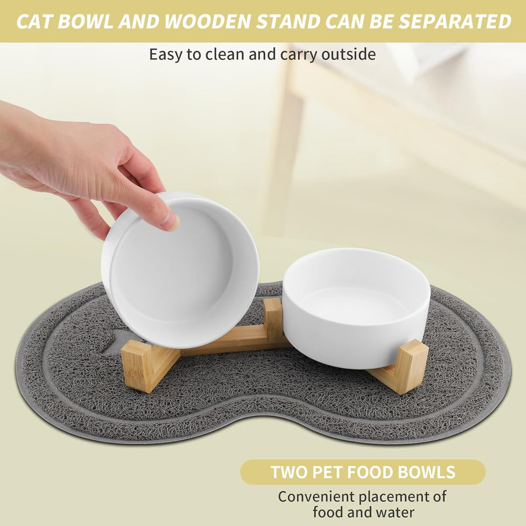 Katzennapf, 2 Stück Keramik Futternapf Katze Set, 3-in-1 rutschfeste Katzennäpfe mit Holzstände und