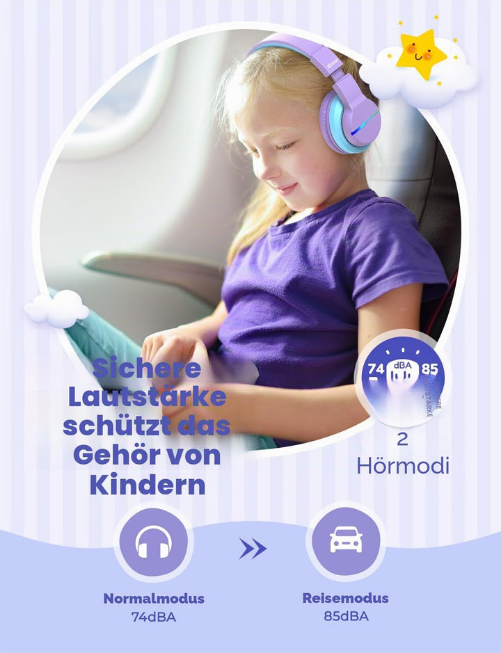 iClever Bluetooth Kinder Kopfhörer, Farbige LED-Leuchten, Kinderkopfhörer Over-Ear mit 74/85/94dB La