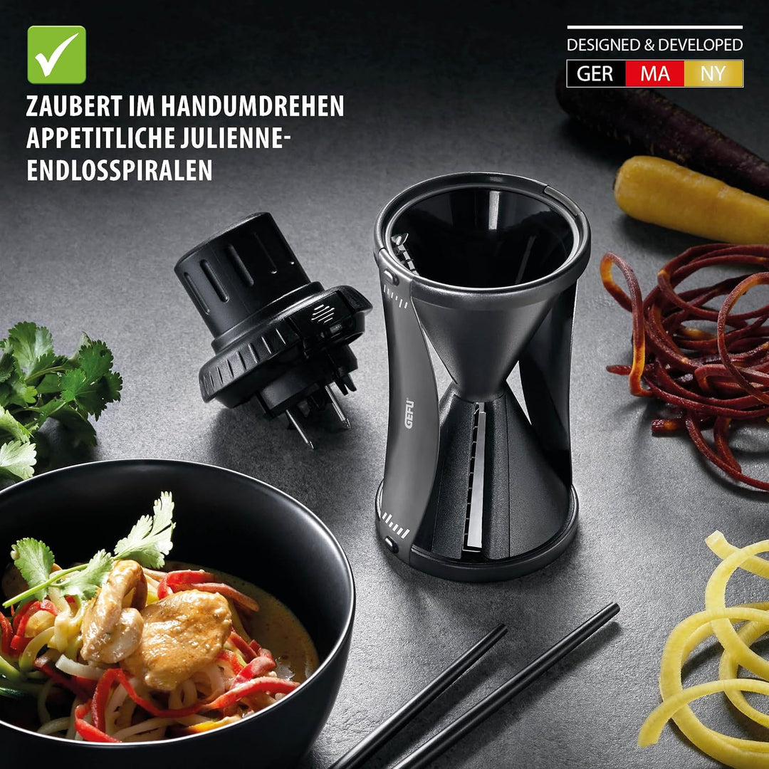 GEFU Spiralschneider SPIRELLI 2.0 Black Edition mit Gemüsehalter & Bürste, Julienne-Schneider für Ge