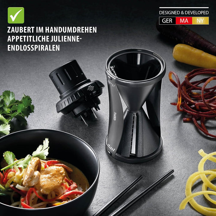 GEFU Spiralschneider SPIRELLI 2.0 Black Edition mit Gemüsehalter & Bürste, Julienne-Schneider für Ge