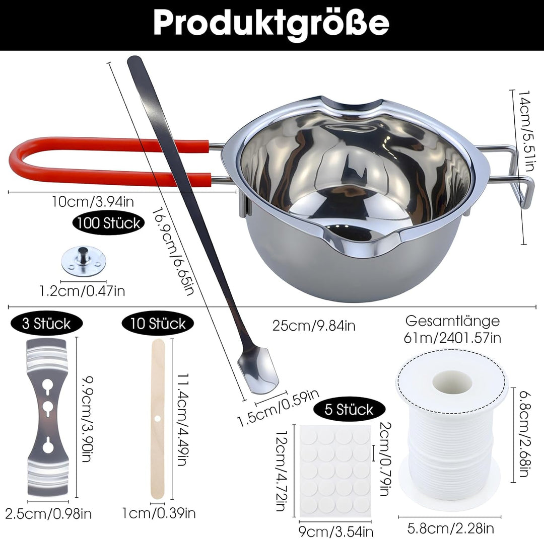 JRSHIRLEYLTD Kerzen Selber Machen Set, 61m Kerzendocht, 1 Kerzenherstellung Schmelztopf, 3 Metall Do