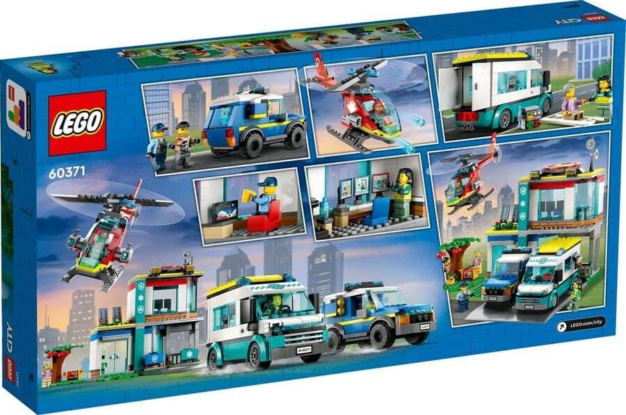 LEGO 60371 City Hauptquartier der Rettungsfahrzeuge mit Feuerwehr-Hubschrauber, Krankenwagen, Motorr