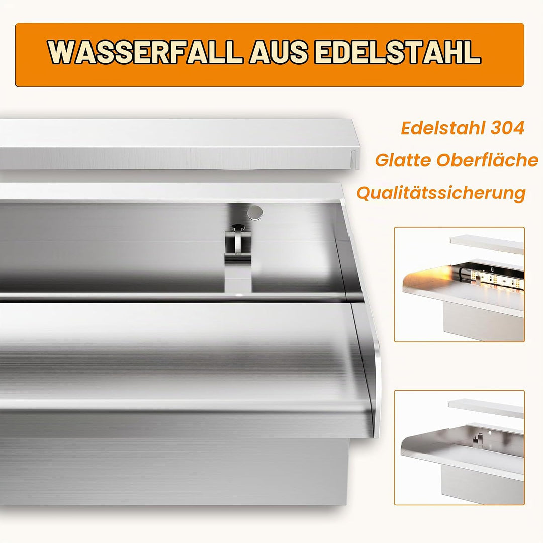 Teich Wasserfallklingen Set, 60 cm Edelstahl Poolfontäne mit Zubehör, Breite 15 cm Auslauf Wasserspi