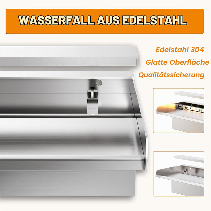 Teich Wasserfallklingen Set, 60 cm Edelstahl Poolfontäne mit Zubehör, Breite 15 cm Auslauf Wasserspi