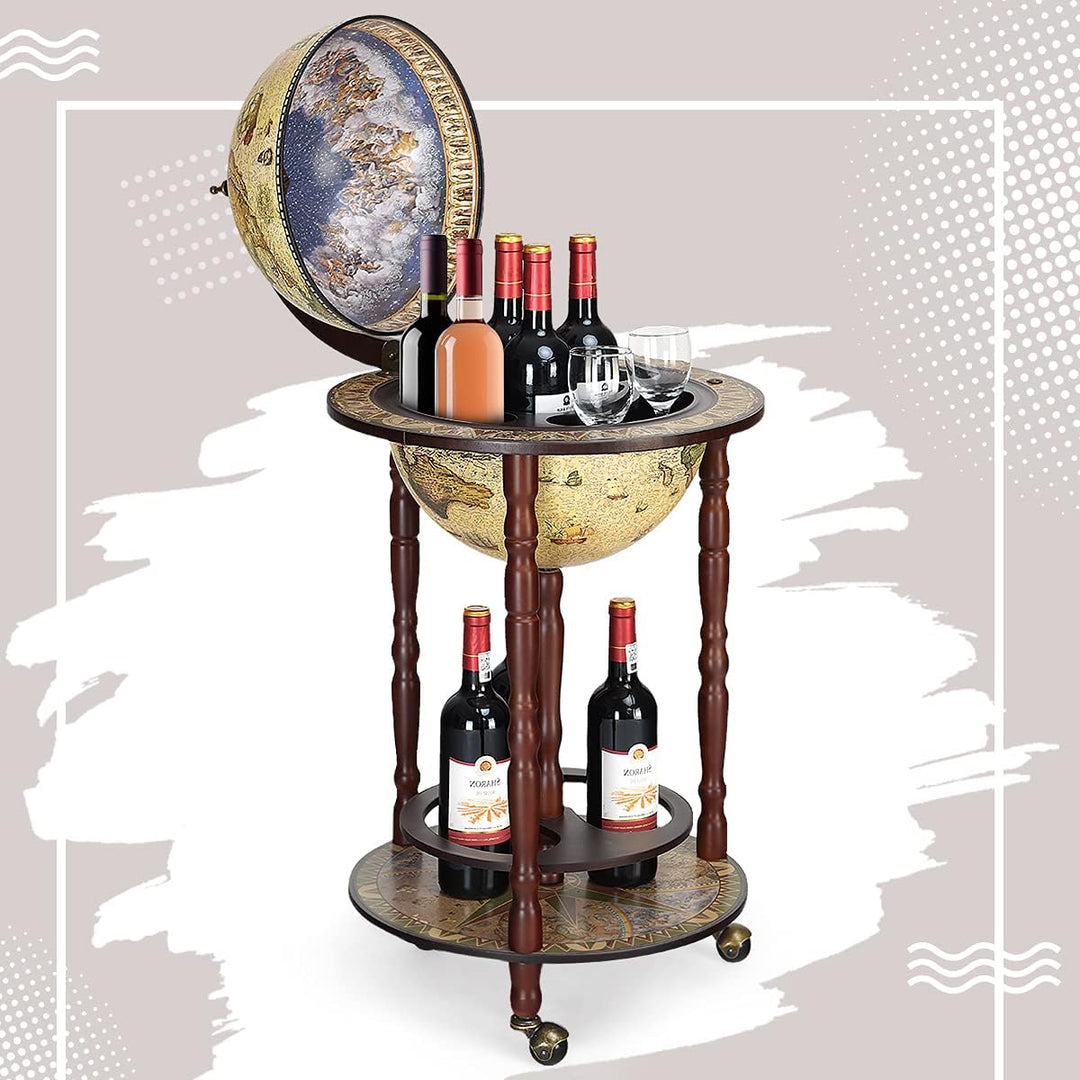 RELAX4LIFE Globusbar mit Rollen, Minibar Massivholz, Weinregal Flaschenregal mit Bodenplatte, Barwag