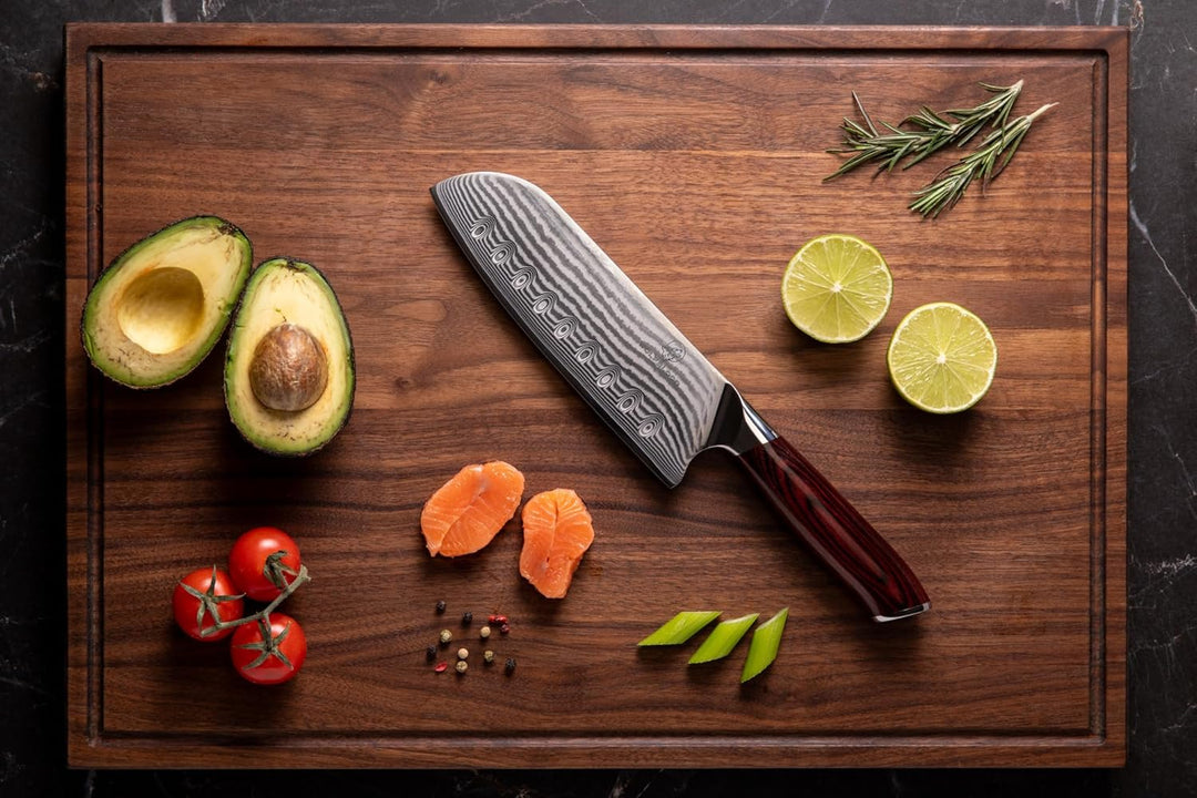 Wolfblood Damastmesser Santoku Messer XL (30cm) TÜV geprüfter 62 HRC Damaststahl aus 67 Lagen I Dama
