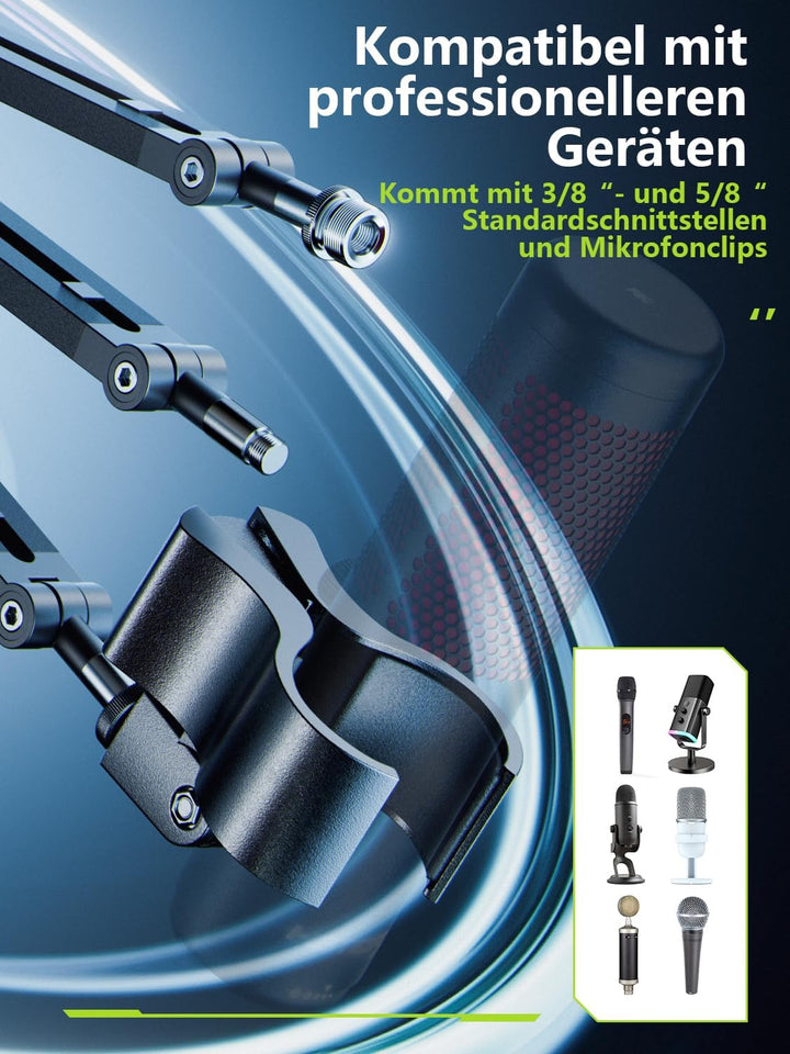 Boom Arm, 360° drehbarer Mikrofonständer mit Tischhalterung, faltbarer Tischmikrofonarm mit 3/8&