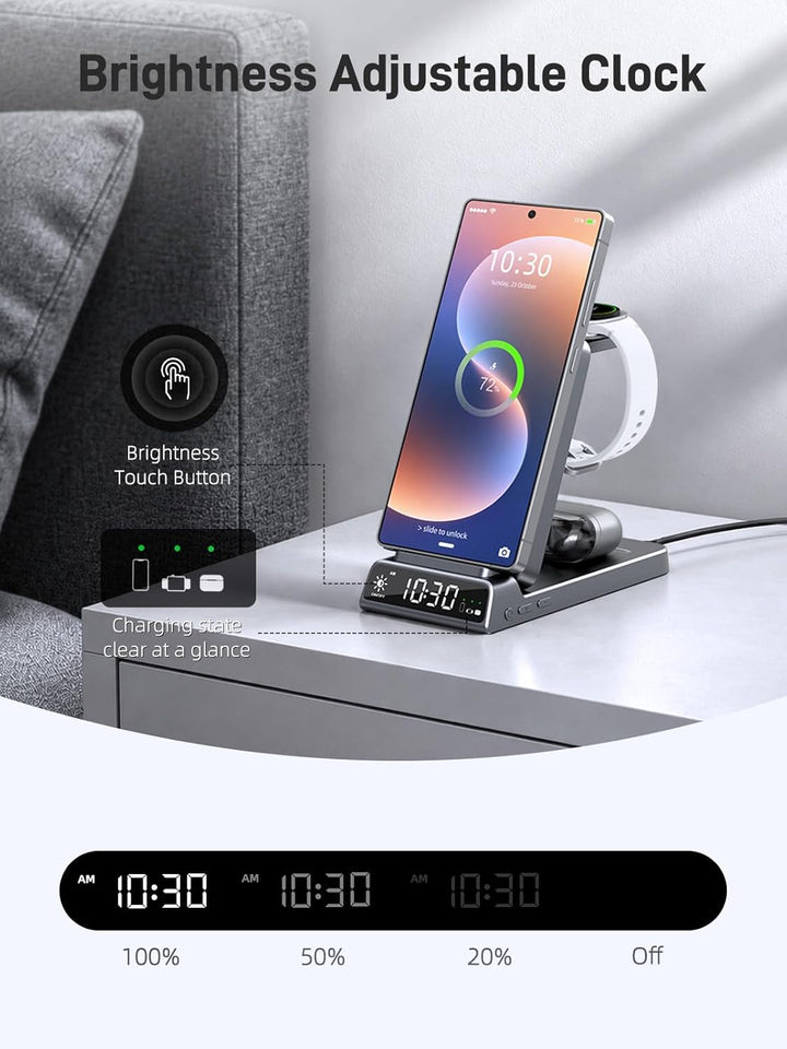 Wireless Charger für Samsung Ladestation 3 in 1 mit Uhr für Samsung Galaxy S26/S25/Z Fold 7/Flip 7/B