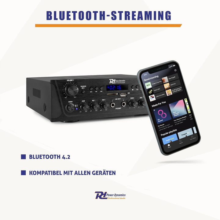 Power Dynamics PV220BT 2 Zonen Verstärker, 200 Watt Bluetooth Receiver, MP3-Player, UKW Radio, USB,