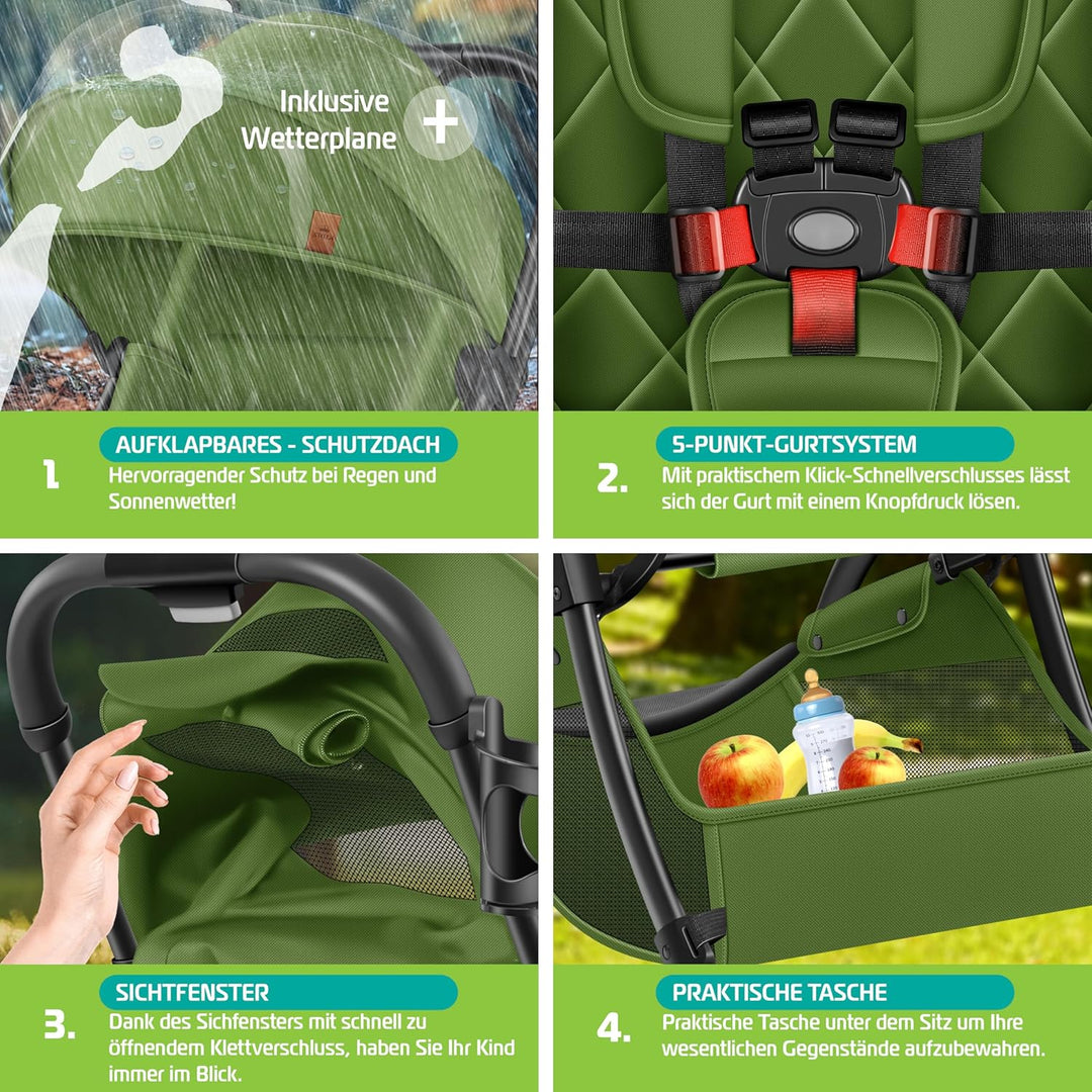 KIDIZ® Kinderwagen Premium Kinderbuggy klappbar Liegebuggy Sportwagen Faltbar 360°Räder 5-Punkt Gurt