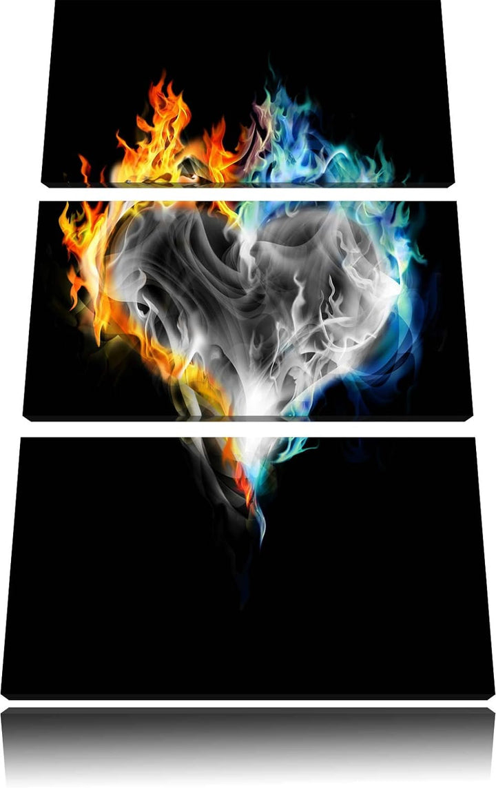 Dark brennendes Herz aus Feuer und Wasser schwarz/weiss 3-Teiler Leinwandbild 120x80 Bild auf Leinwa