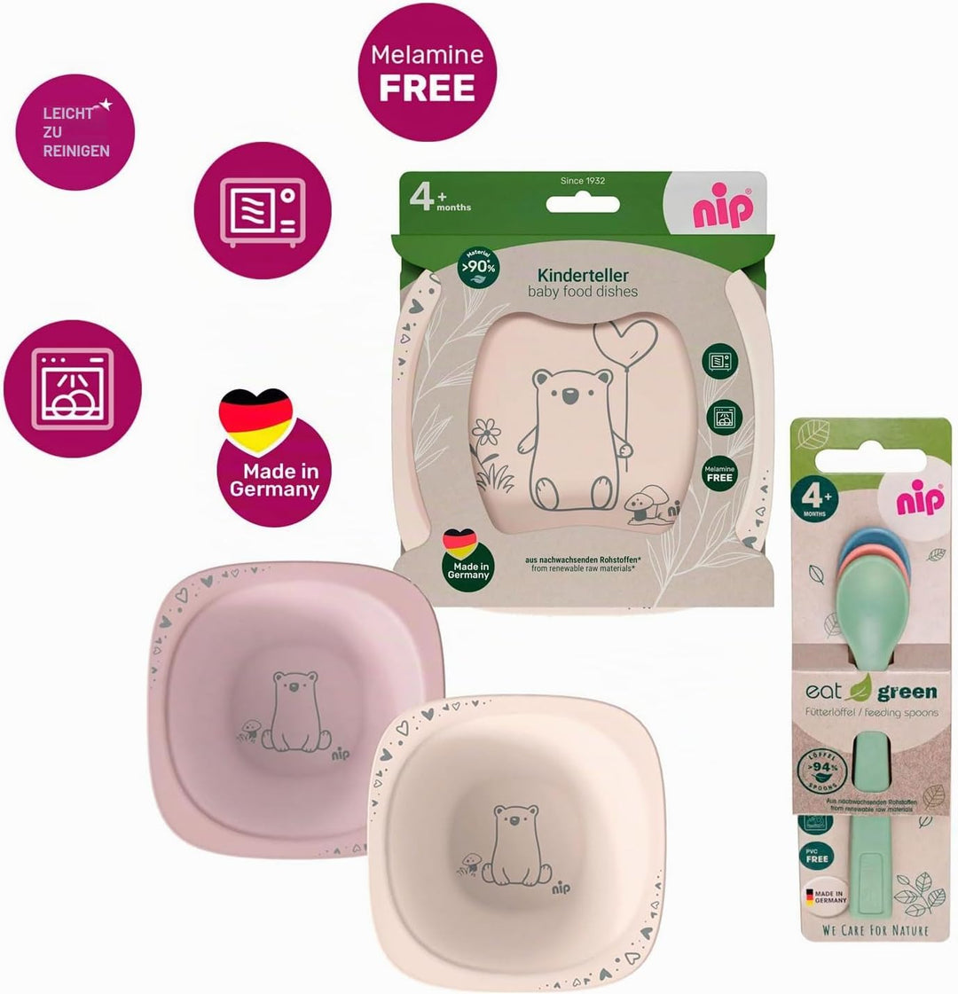 NIP Eat Green Geschirrset ab 4. Monat, 2 Teller, 2 Breischale, 3 Eat Green öko bio Babylöffel,Spülma