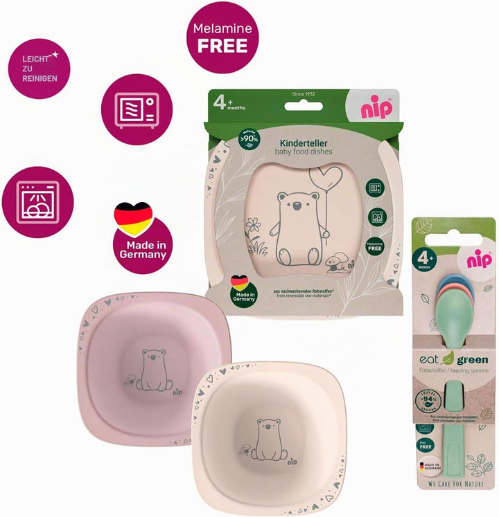 NIP Eat Green Geschirrset ab 4. Monat, 2 Teller, 2 Breischale, 3 Eat Green öko bio Babylöffel,Spülma