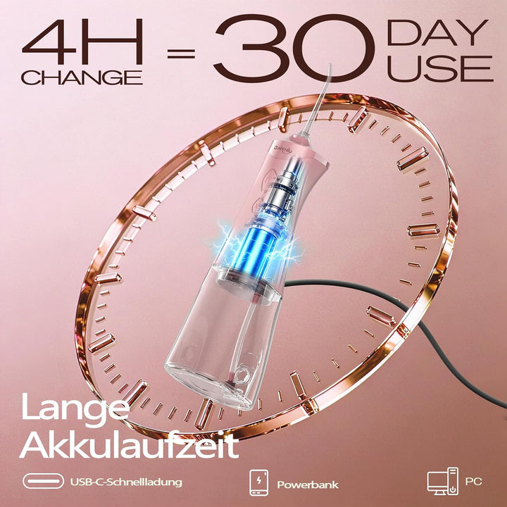OasiSmile Kabellose Elektrische Munddusche, 4 Modi DIY Druck &amp; 5 Düsen,Rosa | Munddusche Testsieger