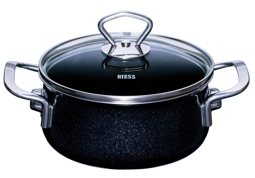 RIESS 0707-009 Kasserolle mit Glasdeckel, Nouvelle- BLACK MAGIC EXTRA STARK, Durchmesser 16cm, Höhe