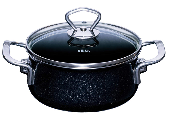 RIESS 0707-009 Kasserolle mit Glasdeckel, Nouvelle- BLACK MAGIC EXTRA STARK, Durchmesser 16cm, Höhe
